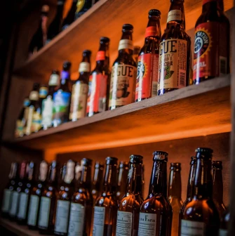 Pab Kedy - shelves lined with rows of bottled beer in a pub setting