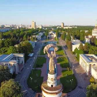 Panoramic view of VDNKh with the monument and pavilions in Kyiv
