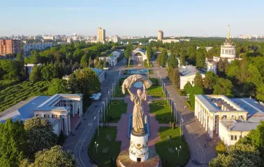 Panoramic view of VDNKh with the monument and pavilions in Kyiv