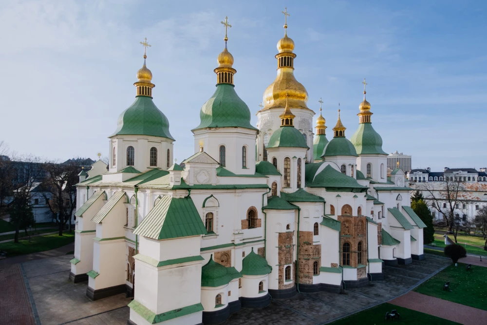 Saint Sophia Cathedral Kyiv exterior - view with green roofs and golden domes