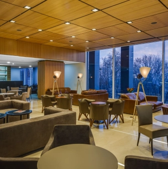 Lounge area with panoramic windows in CEC “Parkovy” in Kyiv