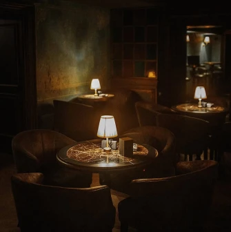 Restaurant interior with round tables and soft armchairs under dim lighting