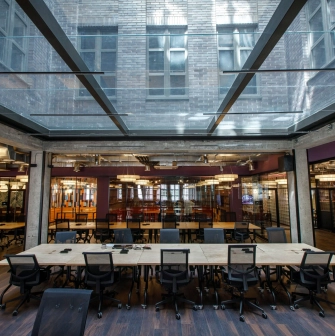 Spacious meeting room at Creative States in Kyiv with a large glass roof