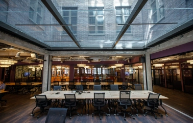 Spacious meeting room at Creative States in Kyiv with a large glass roof