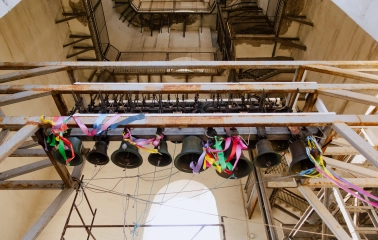 Saint Sophia Cathedral in Kyiv - bell tower interior with historic bells and metal structures