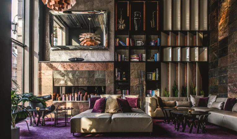Stylish lobby of 11 Mirrors Design Hotel in Kyiv with designer furniture