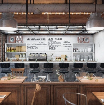 Bar area of the Milk Bar cafe in Kyiv with high chairs