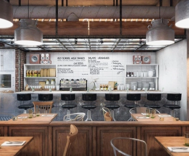 Bar area of the Milk Bar cafe in Kyiv with high chairs