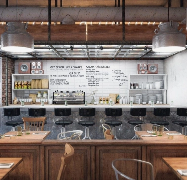 Bar area of the Milk Bar cafe in Kyiv with high chairs