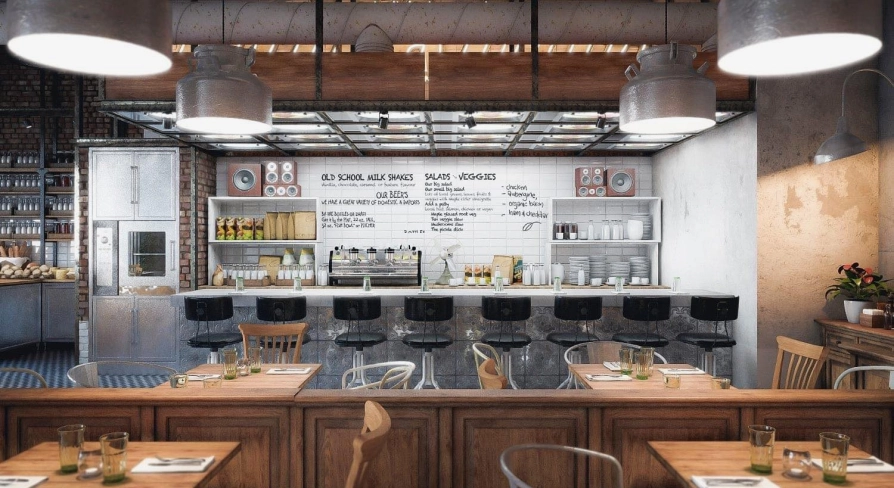 Bar area of the Milk Bar cafe in Kyiv with high chairs