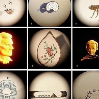 Mykola Syadristy Microminiatures Museum in Kyiv - collage of nine microscopic masterpieces including a caravan of camels in a needle's eye and portraits on poppy seeds viewed through circular lenses