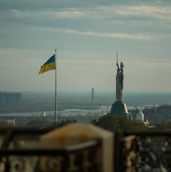 Kyiv Pechersk Lavra - view of the Motherland Monument and the Dnipro River seen from the monastery grounds