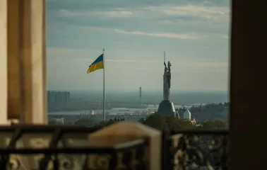 Kyiv Pechersk Lavra - view of the Motherland Monument and the Dnipro River seen from the monastery grounds