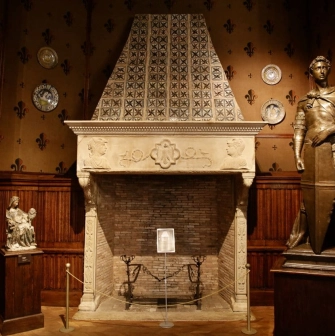 Sculptures and fireplace in the Gothic hall of the Khanenko Museum in Kyiv