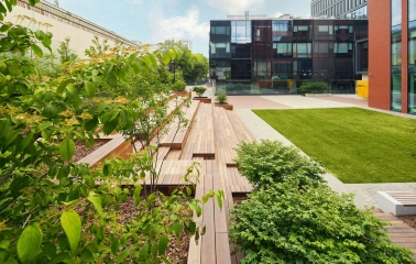 A green area with benches and a lawn in the UNIT.City innovation space in Kyiv