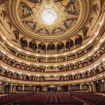 National Opera of Ukraine in Kyiv - majestic auditorium ceiling featuring a massive crystal chandelier