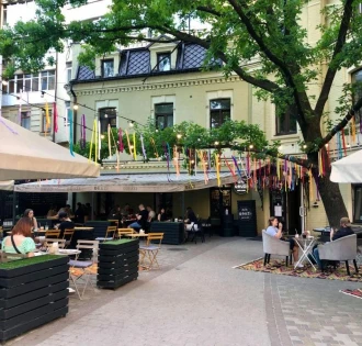 Street terrace of the Dream Hostel in Kyiv