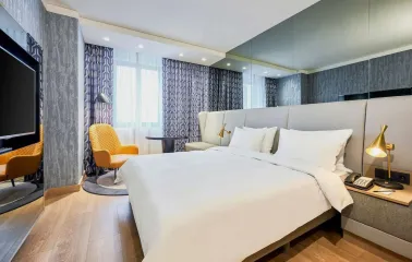 Spacious modern room at the Radisson Blu Hotel in the center of Kyiv with a double bed and a seating area