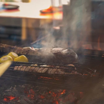Mayak - steak and vegetables grilling over open fire
