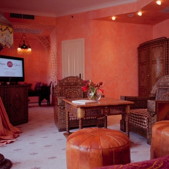 Luxury suite at Opera Hotel in Kyiv with red carpet and elegant interior