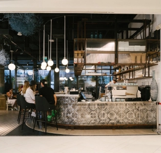Bar counter and service area at Milk Bar in TSUM