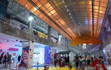 The main hall of the Museum of Science with visitors in Kyiv
