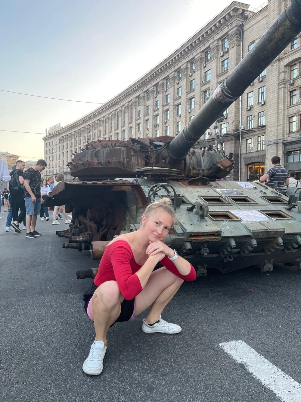Destroyed russian tank displayed as war evidence in central Kyiv