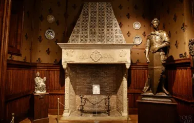 Sculptures and fireplace in the Gothic hall of the Khanenko Museum in Kyiv