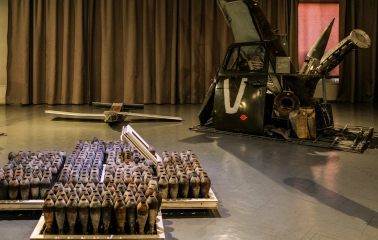 War Museum in Kyiv - damaged military equipment and artillery shells displayed inside the exhibition hall