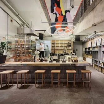 Octo Tower - modern interior of a cafe with a working kitchen