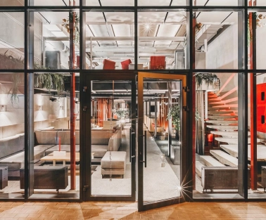 Facade of Fatum bar in Kyiv with a glass entrance and modern design