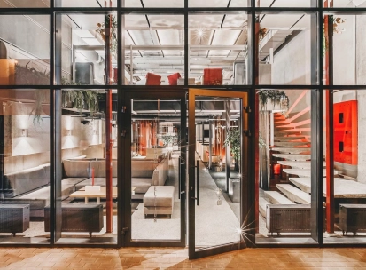 Facade of Fatum bar in Kyiv with a glass entrance and modern design